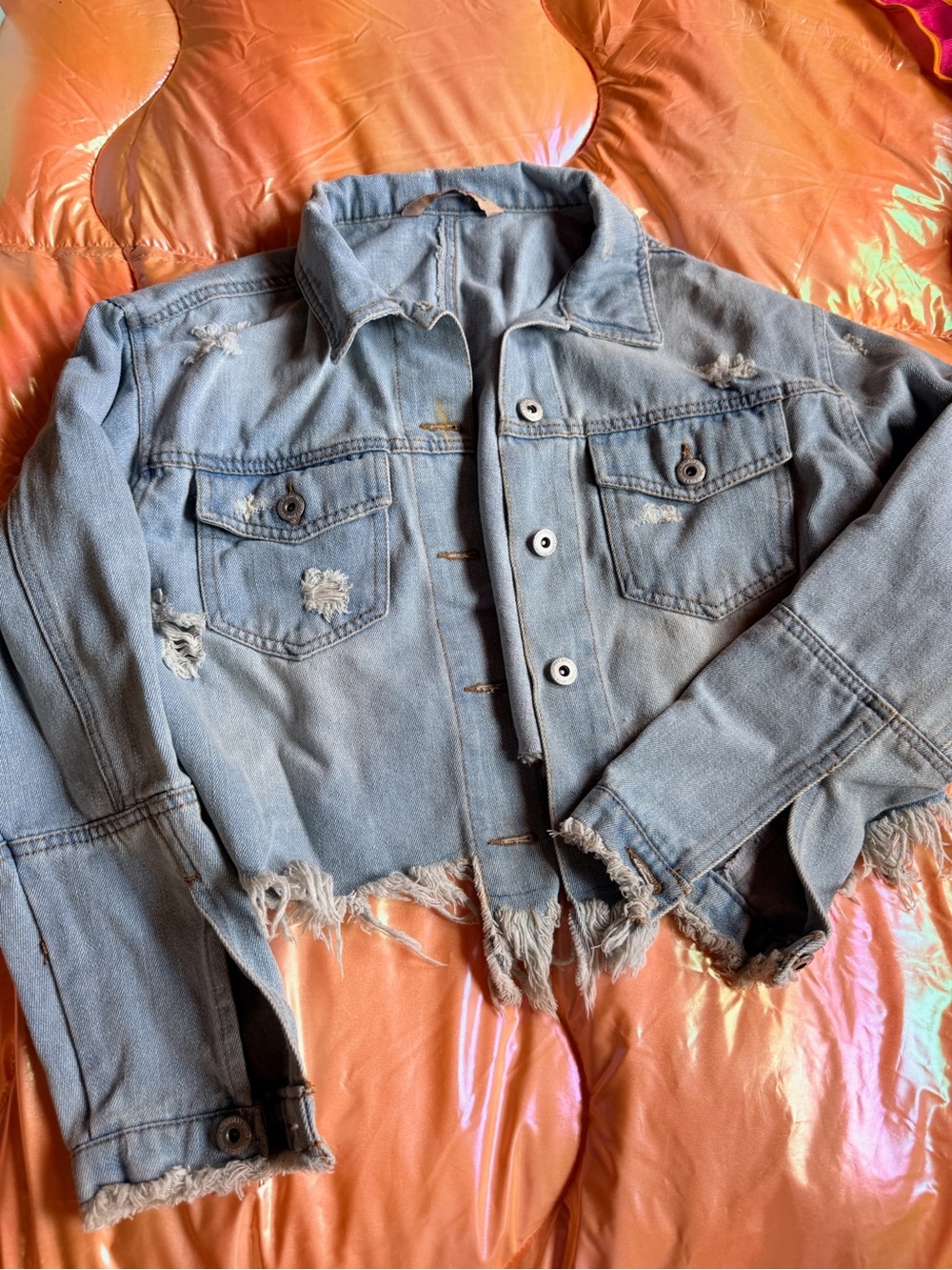 HIGHWAY Women's Blue Distressed Collared Button-Front Short Denim Jacket Size S